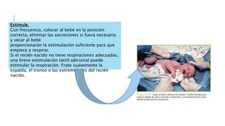 Estimule.
Con frecuencia, colocar al bebé en la posición
correcta, eliminar las secreciones si fuera necesario
y secar al bebé
proporcionarán la estimulación suficiente para que
empiece a respirar.
Si el recién nacido no tiene respiraciones adecuadas,
una breve estimulación táctil adicional puede
estimular la respiración. Frote suavemente la
espalda, el tronco o las extremidades del recién
nacido.
 