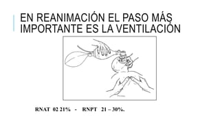 RNAT 02 21% - RNPT 21 – 30%.
EN REANIMACIÓN EL PASO MÁS
IMPORTANTE ES LA VENTILACIÓN
 
