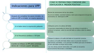 Indicaciones para VPP
Después de completar los pasos iniciales, se
indica la VPP si el bebe no respira (apneico)
Si el bebe tiene la respiración jadeante
Si la frecuencia cardiaca a 100 Ipm.
Cuando se indique, la VPP debe comenzar
dentro de 1 minuto a partir del parto.
COMO SE PREPARA PARA COMENZAR UNA
VENTILACIÓN A PRESIÓN POSITIVA?
Elimine las secreciones de las vías aéreas.
Si ya no se realizo, succione la boca y nariz para asegurarse de que las
secreciones no obstruyan la VPP.
Colóquese junto a la cabeza del bebe.
La persona responsable de colocar las vías aéreas en posición y
sostener la mascara sobre la cara del bebe se coloca sobre la cabeza
del bebe.
Coloque la cabeza y el cuello del bebe en la posición correcta.
La cabeza y el cuello del bebe deben estar en posición neutral o
ligeramente extendidos en la posición de olfateo para que el mentón y
la nariz del bebe se dirijan hacia arriba.
Las vías aéreas estarán obstruidas si el cuello se encuentra
excesivamente flexionado o extendido.
 