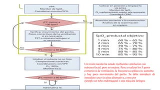 Un recién nacido ha estado recibiendo ventilación con
máscara facial, pero no mejora. Pese a realizar los 5 pasos
correctivos de ventilación, la frecuencia cardíaca no aumenta
y hay poco movimiento del pecho. Se debe introducir de
inmediato una vía aérea alternativa, como por
ejemplo un tubo endotraqueal o una máscara laríngea.
 