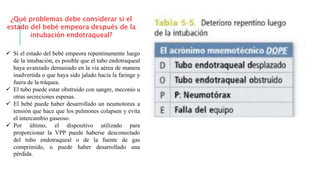 ¿Qué problemas debe considerar si el
estado del bebé empeora después de la
intubación endotraqueal?
 Si el estado del bebé empeora repentinamente luego
de la intubación, es posible que el tubo endotraqueal
haya avanzado demasiado en la vía aérea de manera
inadvertida o que haya sido jalado hacia la faringe y
fuera de la tráquea.
 El tubo puede estar obstruido con sangre, meconio u
otras secreciones espesas.
 El bebé puede haber desarrollado un neumotorax a
tensión que hace que los pulmones colapsen y evita
el intercambio gaseoso.
 Por último, el dispositivo utilizado para
proporcionar la VPP puede haberse desconectado
del tubo endotraqueal o de la fuente de gas
comprimido, o puede haber desarrollado una
pérdida.
 