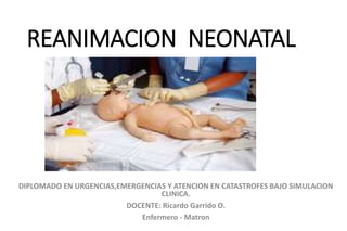 REANIMACION NEONATAL
DIPLOMADO EN URGENCIAS,EMERGENCIAS Y ATENCION EN CATASTROFES BAJO SIMULACION
CLINICA.
DOCENTE: Ricardo Garrido O.
Enfermero - Matron
 
