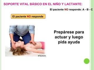 Prepárese para actuar y luego pida ayuda El paciente  NO  responde  El paciente  NO  responde: A - B - C  SOPORTE VITAL BÁSICO EN EL NIÑO Y LACTANTE: 