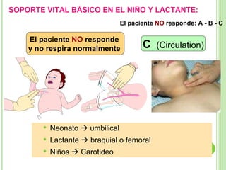 El paciente  NO  responde  y no respira normalmente  C  (Circulation) El paciente  NO  responde: A - B - C  Neonato    umbilical  Lactante    braquial o femoral  Niños    Carotideo SOPORTE VITAL BÁSICO EN EL NIÑO Y LACTANTE: 