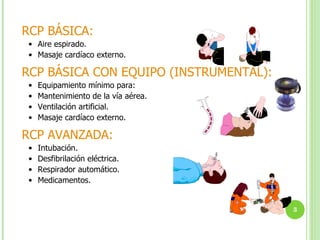 RCP BÁSICA: Aire espirado. Masaje cardíaco externo. RCP BÁSICA CON EQUIPO (INSTRUMENTAL): Equipamiento mínimo para: Mantenimiento de la vía aérea. Ventilación artificial. Masaje cardíaco externo. RCP AVANZADA: Intubación. Desfibrilación eléctrica. Respirador automático. Medicamentos. 