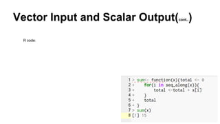 Vector Input and Scalar Output(cont..)
R code:
 