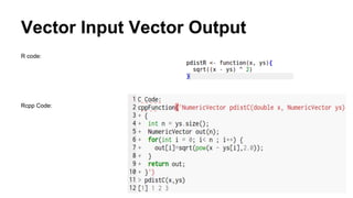 Vector Input Vector Output
R code:
Rcpp Code:
 