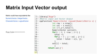 Matrix Input Vector output
Matrix could have equivalents like
NumericVector, IntegerVector,
CharacterVector, LogicalVector
Rcpp Code:==========>
 