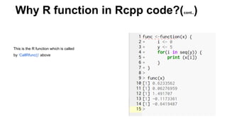 This is the R function which is called
by ‘CallRfunc()’ above
Why R function in Rcpp code?(cont..)
 