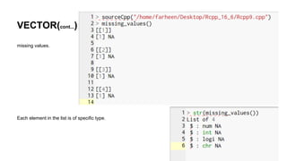 VECTOR(cont...)
missing values.
Each element in the list is of specific type.
 