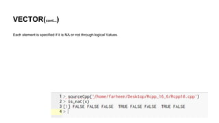 VECTOR(cont...)
Each element is specified if it is NA or not through logical Values.
 