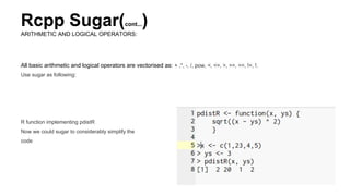Rcpp Sugar(cont...)
ARITHMETIC AND LOGICAL OPERATORS:
All basic arithmetic and logical operators are vectorised as: + ,*, -, /, pow, <, <=, >, >=, ==, !=, !.
Use sugar as following:
R function implementing pdistR
Now we could sugar to considerably simplify the
code
 