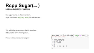Rcpp Sugar(cont...)
LOGICAL SUMMARY FUNCTION
Use sugar to write an efficient function .
Sugar function like any(),all() , is.na() are very efficient .
This will do the same amount of work regardless
of the position of the missing values.
Proved in below microbench program
 