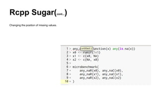 Rcpp Sugar(cont...)
Changing the position of missing values.
 