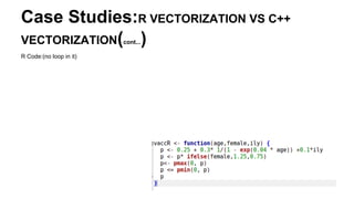 Case Studies:R VECTORIZATION VS C++
VECTORIZATION(cont...)
R Code:(no loop in it)
 