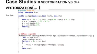 Case Studies:R VECTORIZATION VS C++
VECTORIZATION(cont...)
Rcpp Code:
 