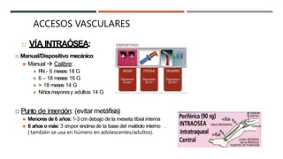  VÍA INTRAÓSEA:
🞑 Manual/Dispositivo mecánico
 Manual  Calibre:
 R
N - 6 meses: 18 G
 6 – 18 meses: 16 G
 > 18 meses:14 G
 Niñosmayoresy adultos: 14 G
🞑 Punto de inserción: (evitar metáfisis)
 Menores de 6 años:1-3 cm debajo de la meseta tibial interna
 6 años o más: 3 cmpor encima de la base del maléolo interno .
( también se usa en húmero en adolescentes/adultos).
ACCESOS VASCULARES
 