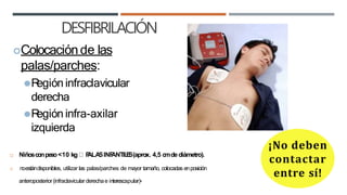 DESFIBRILACIÓN
Colocación de las
palas/parches:
⚫R
egión infraclavicular
derecha
⚫R
egión infra-axilar
izquierda
¡No deben
contactar
entre sí!
 Niñosconpeso<10 kg P
ALA
SINF
ANTIL
E
S(aprox. 4,5 c
mdediámetro).
 noestándisponibles, utilizar las palas/parches de mayor tamaño, colocadas enposición
anteroposterior(infraclavicularderechae interescapular)2.
 