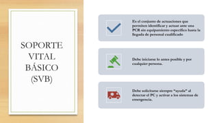 SOPORTE
VITAL
BÁSICO
(SVB)
Es el conjunto de actuaciones que
permiten identificar y actuar ante una
PCR sin equipamiento específico hasta la
llegada de personal cualificado
Debe iniciarse lo antes posible y por
cualquier persona.
Debe solicitarse siempre “ayuda” al
detectar el PC y activar a los sistemas de
emergencia.
 