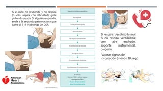 Si respira: decúbito lateral
Si no respira: ventilamos:
con aire espirado,
soporte instrumental,
oxigeno
Valorar signos de
circulación (menos 10 seg )
Si el niño no responde y no respira
(o solo respira con dificultad), grite
pidiendo ayuda. Si alguien responde,
envíe a la segunda persona para que
llame al 911 y obtenga un DEA
 
