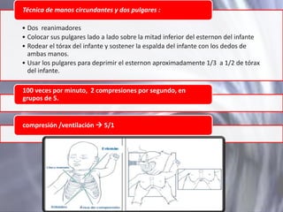 Técnica de manos circundantes y dos pulgares :
• Dos reanimadores
• Colocar sus pulgares lado a lado sobre la mitad inferior del esternon del infante
• Rodear el tórax del infante y sostener la espalda del infante con los dedos de
ambas manos.
• Usar los pulgares para deprimir el esternon aproximadamente 1/3 a 1/2 de tórax
del infante.
100 veces por minuto, 2 compresiones por segundo, en
grupos de 5.

compresión /ventilación  5/1

 