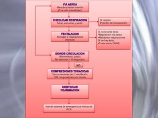 Maniobra frente- mentón
(Tracción mandibular)

Mirar, escuchar y sentir

Entregar 2 respiraciones
efectivas

(Movimiento, pulso)
No demorar > 10 segundos

NO

5 compresiones por 1 ventilación
100 compresiones por minuto

Activar sistema de emergencia al minuto de
RCP

Si respira:
Posición de recuperación

Si no levanta tórax:
•Reposición vía aerea
•Reintentar respiraciones
Si no hay éxito:
•Tratar como OVAS

 