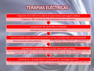 Integración de los DEA en la cadena de supervivencia para lugares públicos
Programas DEA en donde haya probabilidad alta paro cardíaco
Consideración del uso de DEA en hospitales
1descarga en 3 min o menos tras el colapso.
Ahora es posible utilizar un DEA en lactantes si no hay un desfibrilador manual disponible
Desfibrilaciones eficaces con > 4 J/kg (hasta 9
Sistema de atenuación pediátrico.
J/kg) sin efectos adversos significativos.
Prioridad de las descargas frente a la RCP ante un paro cardíaco
Si un reanimador es testigo de un paro cardíaco extrahospitalario y hay un DEA disponible in situ,
debe iniciar la RCP con compresiones torácicas y utilizar el DEA lo antes posible.
Protocolo de 1 descarga frente a la secuencia de 3 descargas para la FV
El beneficio añadido de otra descarga es bajo, y es probable que reanudar la RCP sea mejor que
otra descarga inmediata.

 