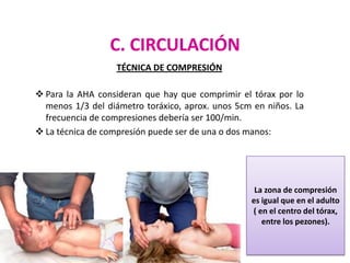 C. CIRCULACIÓN
TÉCNICA DE COMPRESIÓN
 Para la AHA consideran que hay que comprimir el tórax por lo
menos 1/3 del diámetro toráxico, aprox. unos 5cm en niños. La
frecuencia de compresiones debería ser 100/min.
 La técnica de compresión puede ser de una o dos manos:

La zona de compresión
es igual que en el adulto
( en el centro del tórax,
entre los pezones).

 