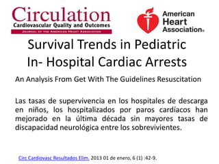 Survival Trends in Pediatric
In- Hospital Cardiac Arrests
An Analysis From Get With The Guidelines Resuscitation
Las tasas de supervivencia en los hospitales de descarga
en niños, los hospitalizados por paros cardíacos han
mejorado en la última década sin mayores tasas de
discapacidad neurológica entre los sobrevivientes.

Circ Cardiovasc Resultados Elim. 2013 01 de enero, 6 (1) :42-9.

 