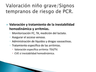  Valoración y tratamiento de la inestabilidad
hemodinámica y arritmias.
◦ Monitorización FC, TA, medición del lactato.
◦ Asegurar el acceso venoso.
◦ Administración de líquidos y drogas vasoactivas.
◦ Tratamiento específico de las arritmias.
 Valoración específica arritmia: TSV/TV.
 CVE si inestabilidad hemodinámica.
 