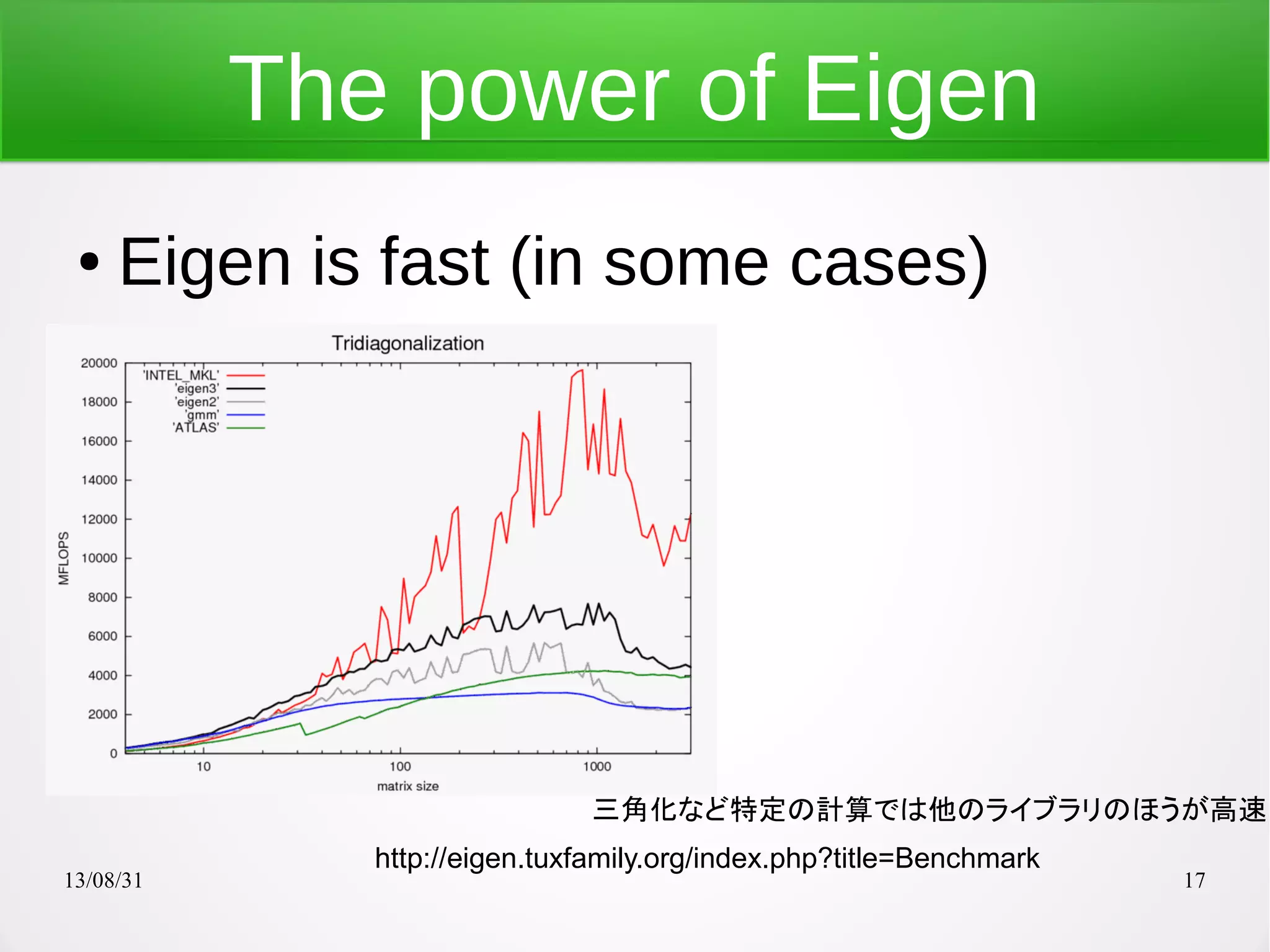 13/08/31 17
The power of Eigen
● Eigen is fast (in some cases)
http://eigen.tuxfamily.org/index.php?title=Benchmark
三角化など特定の計算では他のライブラリのほうが高速
 