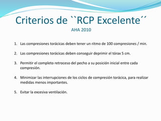 Criterios de ``RCP Excelente´´ 
1. Las compresiones torácicas deben tener un ritmo de 100 compresiones / min. 
2. Las comp...