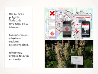 -

Haz tus rutas
políglotas.
Traducción
simultánea en 10
idiomas.

-

Los contenidos se
adaptan a
cualquier
dispositivo digital.

-

Almacena y
organiza tus rutas
en la nube.

 