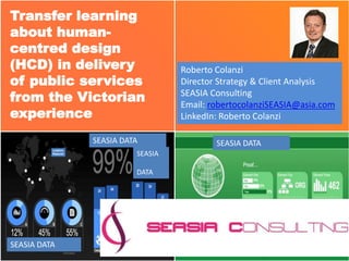 Transfer learning
about human-
centred design
(HCD) in delivery
of public services
from the Victorian
experience
Roberto Colanzi
Director Strategy & Client Analysis
SEASIA Consulting
Email: robertocolanziSEASIA@asia.com
LinkedIn: Roberto Colanzi
SEASIA DATA
SEASIA DATA
SEASIA
DATA
SEASIA DATA
 
