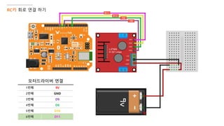 RC카 회로 연결 하기
모터드라이버 연결
1번째 9V
2번째 GND
3번째 D9
4번째 D6
5번째 D10
6번째 D11
 