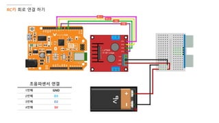 RC카 회로 연결 하기
초음파센서 연결
1번째 GND
2번째 D3
3번째 D2
4번째 5V
 