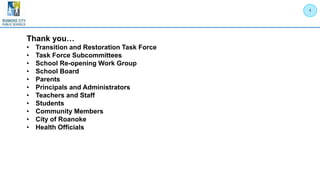 Thank you…
• Transition and Restoration Task Force
• Task Force Subcommittees
• School Re-opening Work Group
• School Board
• Parents
• Principals and Administrators
• Teachers and Staff
• Students
• Community Members
• City of Roanoke
• Health Officials
1
 
