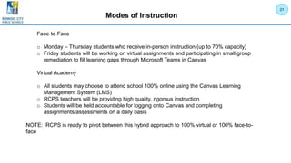 Modes of Instruction
Face-to-Face
o Monday – Thursday students who receive in-person instruction (up to 70% capacity)
o Friday students will be working on virtual assignments and participating in small group
remediation to fill learning gaps through Microsoft Teams in Canvas
Virtual Academy
o All students may choose to attend school 100% online using the Canvas Learning
Management System (LMS)
o RCPS teachers will be providing high quality, rigorous instruction
o Students will be held accountable for logging onto Canvas and completing
assignments/assessments on a daily basis
NOTE: RCPS is ready to pivot between this hybrid approach to 100% virtual or 100% face-to-
face
21
 