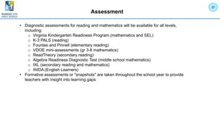 Assessment
• Diagnostic assessments for reading and mathematics will be available for all levels,
including:
o Virginia Kindergarten Readiness Program (mathematics and SEL)
o K-3 PALS (reading)
o Fountas and Pinnell (elementary reading)
o VDOE mini-assessments (gr 3-8 mathematics)
o ReadTheory (secondary reading)
o Algebra Readiness Diagnostic Test (middle school mathematics)
o IXL (secondary reading and mathematics)
o WIDA (English Learners)
• Formative assessments or "snapshots" are taken throughout the school year to provide
teachers with insight into learning gaps
27
 