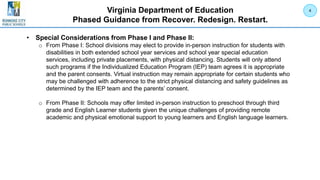 Virginia Department of Education
Phased Guidance from Recover. Redesign. Restart.
• Special Considerations from Phase I and Phase II:
o From Phase I: School divisions may elect to provide in-person instruction for students with
disabilities in both extended school year services and school year special education
services, including private placements, with physical distancing. Students will only attend
such programs if the Individualized Education Program (IEP) team agrees it is appropriate
and the parent consents. Virtual instruction may remain appropriate for certain students who
may be challenged with adherence to the strict physical distancing and safety guidelines as
determined by the IEP team and the parents’ consent.
o From Phase II: Schools may offer limited in-person instruction to preschool through third
grade and English Learner students given the unique challenges of providing remote
academic and physical emotional support to young learners and English language learners.
4
 