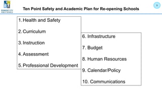 Ten Point Safety and Academic Plan for Re-opening Schools
1.Health and Safety
2.Curriculum
3.Instruction
4.Assessment
5.Professional Development
6. Infrastructure
7. Budget
8. Human Resources
9. Calendar/Policy
10. Communications
5
 