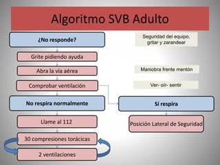 Algoritmo SVB Adulto
¿No responde?
Seguridad del equipo,
gritar y zarandear
Grite pidiendo ayuda
Abra la vía aérea Maniobra frente mentón
Comprobar ventilación Ver- oír- sentir
No respira normalmente
Llame al 112
30 compresiones torácicas
Sí respira
Posición Lateral de Seguridad
2 ventilaciones
 