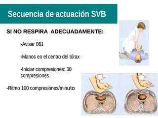 Secuencia de actuación SVB
SI NO RESPIRA ADECUADAMENTE:SI NO RESPIRA ADECUADAMENTE:
-Avisar 061-Avisar 061
-Manos en el centro del tórax-Manos en el centro del tórax
-Iniciar compresiones: 30-Iniciar compresiones: 30
compresionescompresiones
-Ritmo 100 compresiones/min-Ritmo 100 compresiones/minutouto
 