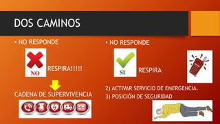 DOS CAMINOS
• NO RESPONDE
RESPIRA!!!!!
CADENA DE SUPERVIVENCIA
• NO RESPONDE
RESPIRA
2) ACTIVAR SERVICIO DE EMERGENCIA.
3) POSICIÓN DE SEGURIDAD
 