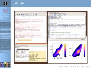 R crash
course
T. Hengl &
R.S. Bivand
Overview
Course programme
Why R?
Software installation
Scripting in R
Do’s and don’ts
R code editors
Working with
spatial data
Spatial classes
Spatial methods
R+SAGA
R+FWTools
Export to Google
Earth
Literature
JaGuaR
 