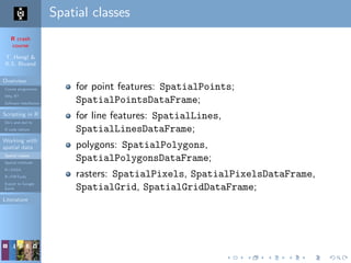 R crash
course
T. Hengl &
R.S. Bivand
Overview
Course programme
Why R?
Software installation
Scripting in R
Do’s and don’ts
R code editors
Working with
spatial data
Spatial classes
Spatial methods
R+SAGA
R+FWTools
Export to Google
Earth
Literature
Spatial classes
for point features: SpatialPoints;
SpatialPointsDataFrame;
for line features: SpatialLines,
SpatialLinesDataFrame;
polygons: SpatialPolygons,
SpatialPolygonsDataFrame;
rasters: SpatialPixels, SpatialPixelsDataFrame,
SpatialGrid, SpatialGridDataFrame;
 