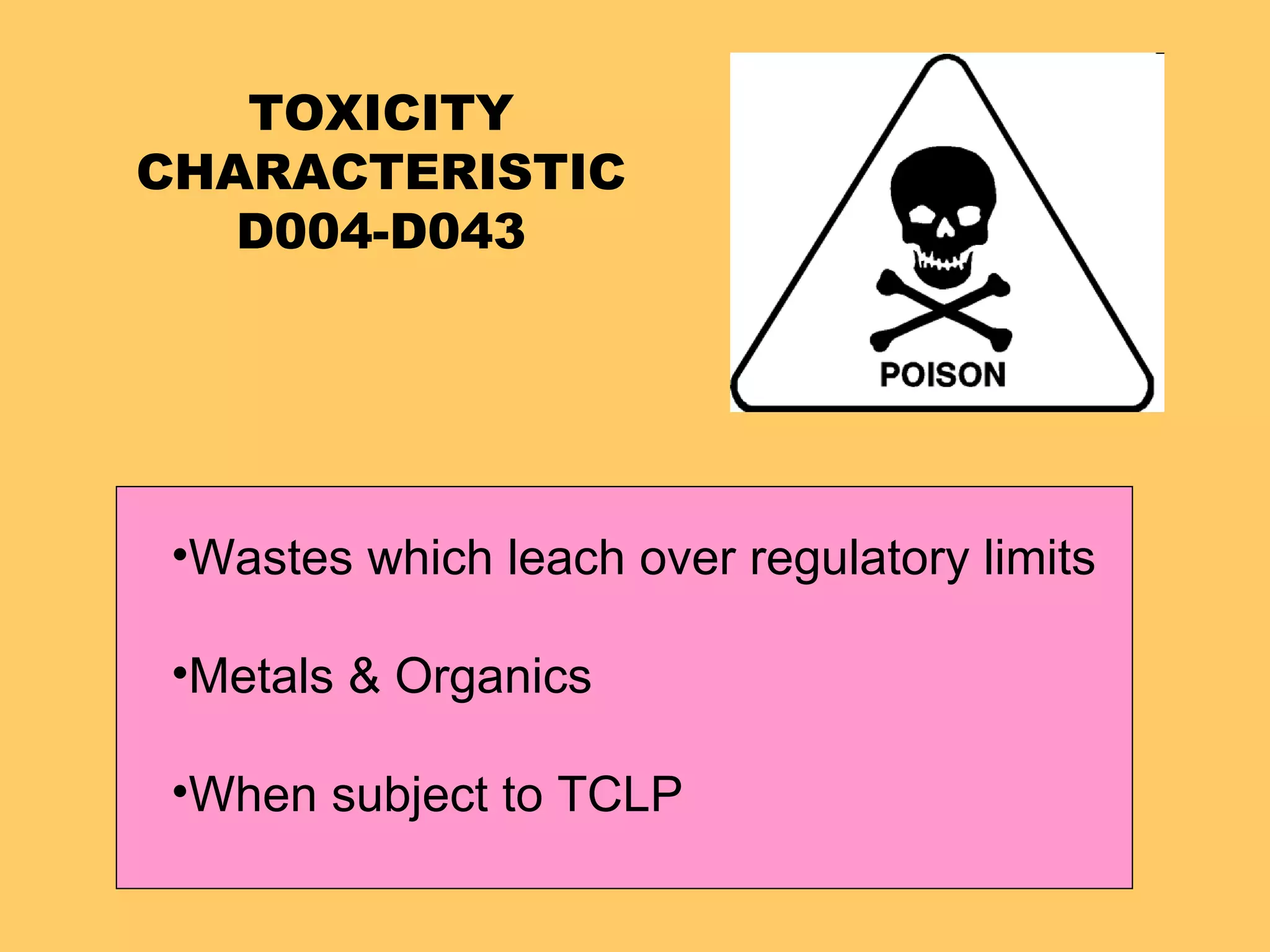 TOXICITY CHARACTERISTIC D004-D043 Wastes which leach over regulatory limits Metals & Organics When subject to TCLP 