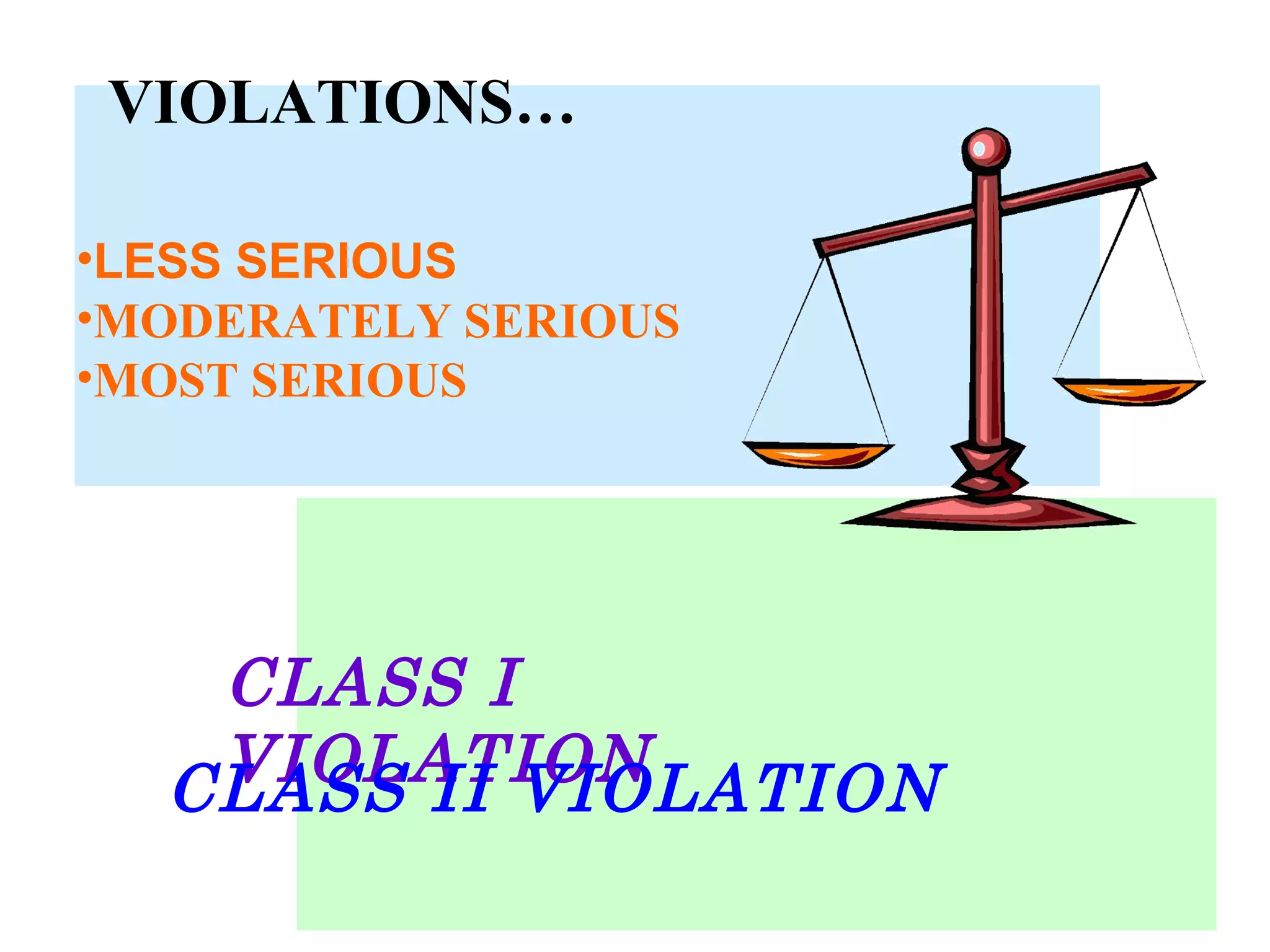 CLASS I VIOLATION CLASS II VIOLATION LESS SERIOUS MODERATELY SERIOUS  MOST SERIOUS   VIOLATIONS… 