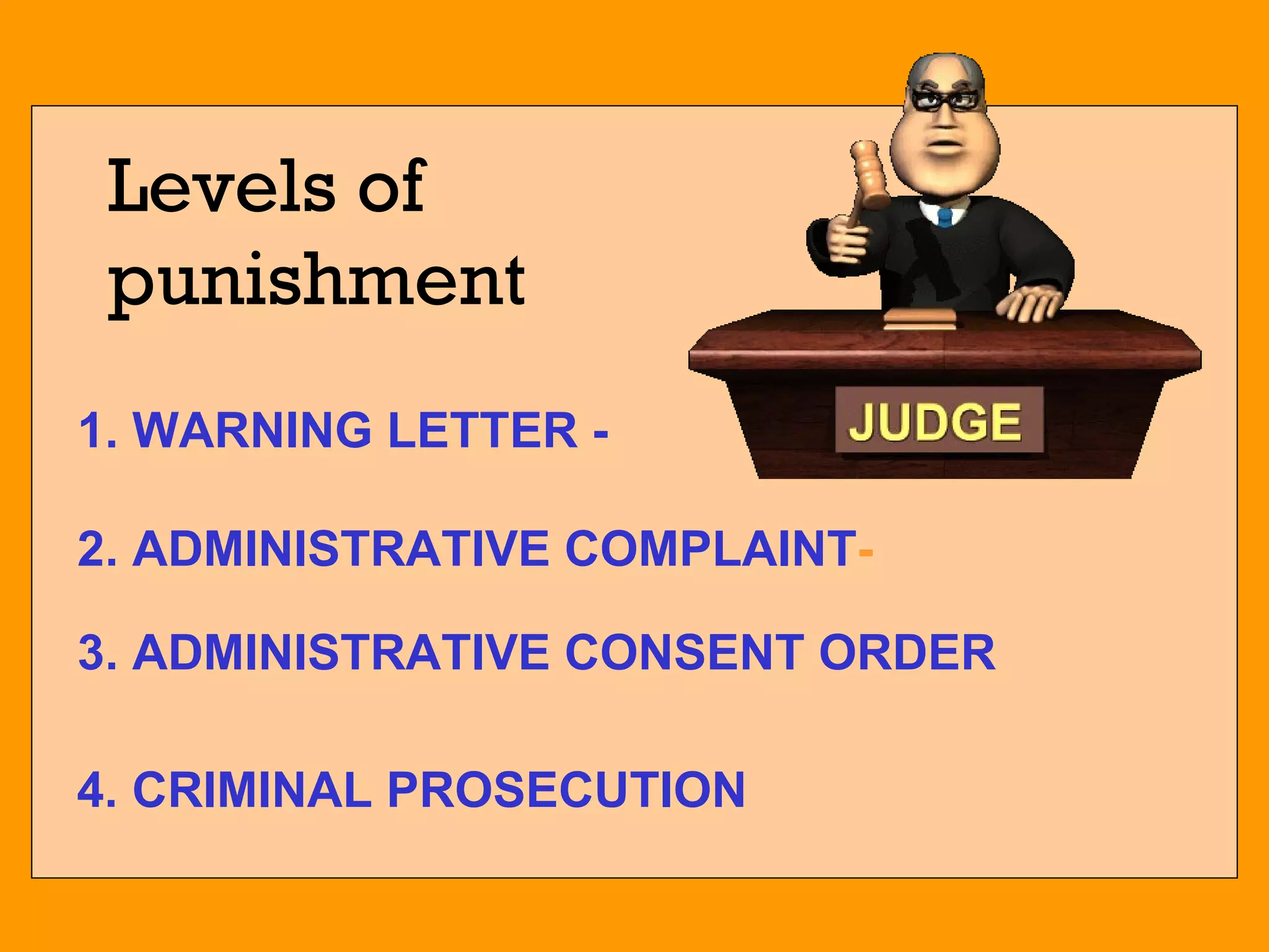4. CRIMINAL PROSECUTION 3. ADMINISTRATIVE CONSENT ORDER 1. WARNING LETTER - 2. ADMINISTRATIVE COMPLAINT - Levels of punishment 