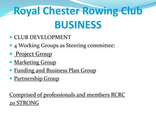 Royal Chester Rowing Club
BUSINESS
 CLUB DEVELOPMENT
 4 Working Groups as Steering committee:
 Project Group
 Marketing Group
 Funding and Business Plan Group
 Partnership Group
Comprised of professionals and members RCRC
20 STRONG
 